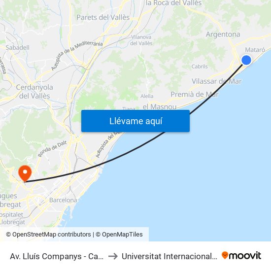 Av. Lluís Companys - Camp De Fútbol to Universitat Internacional De Catalunya map