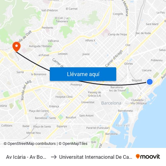Av Icària - Av Bogatell to Universitat Internacional De Catalunya map