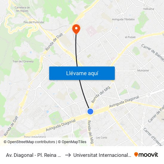 Av. Diagonal - Pl. Reina Maria Cristina to Universitat Internacional De Catalunya map