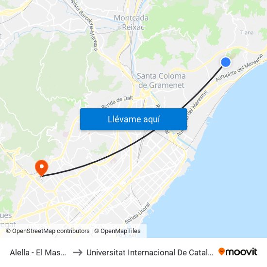 Alella - El Masnou to Universitat Internacional De Catalunya map