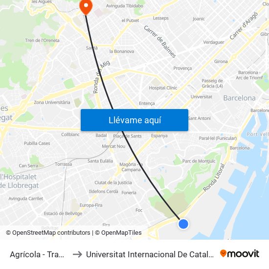 Agrícola - Tram V to Universitat Internacional De Catalunya map