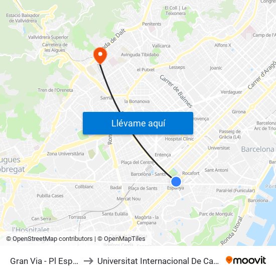 Gran Via - Pl Espanya to Universitat Internacional De Catalunya map