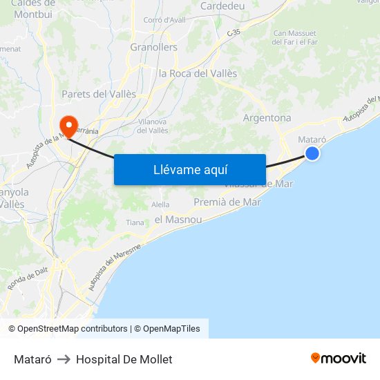 Mataró to Hospital De Mollet map