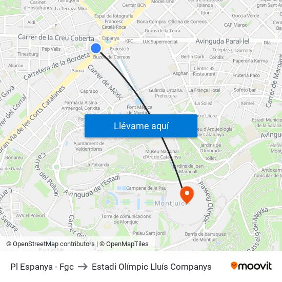 Pl Espanya - Fgc to Estadi Olímpic Lluís Companys map