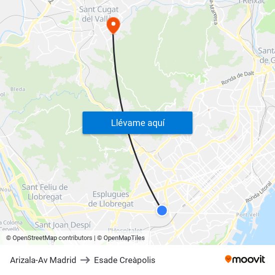 Arizala-Av Madrid to Esade Creàpolis map