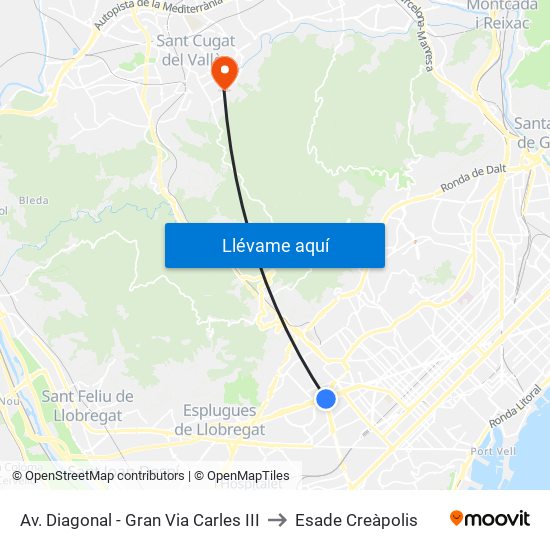 Av. Diagonal - Gran Via Carles III to Esade Creàpolis map