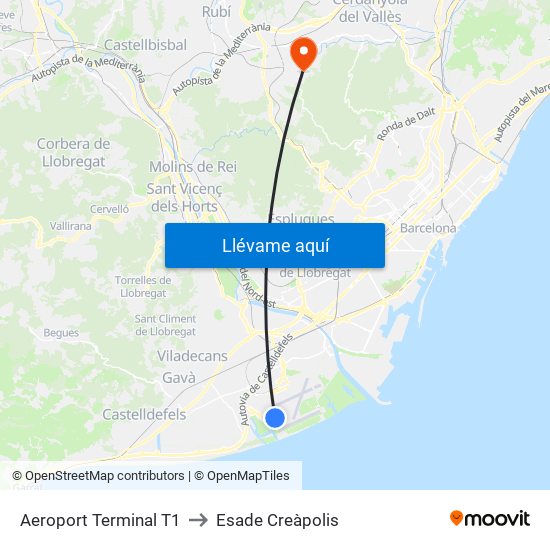 Aeroport Terminal T1 to Esade Creàpolis map
