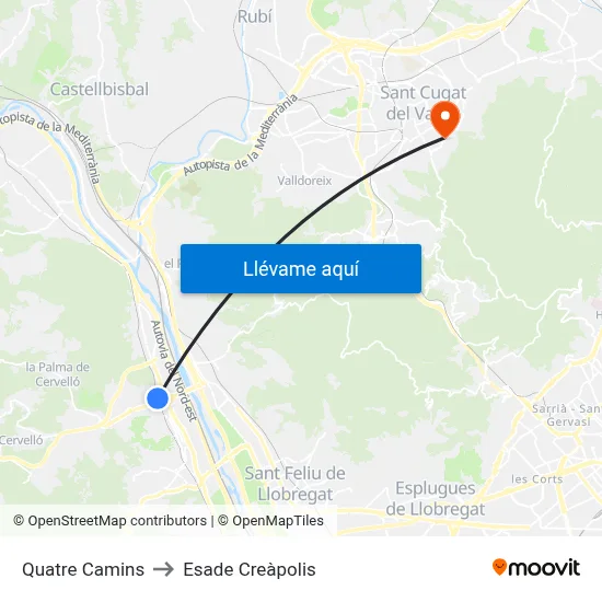Quatre Camins to Esade Creàpolis map