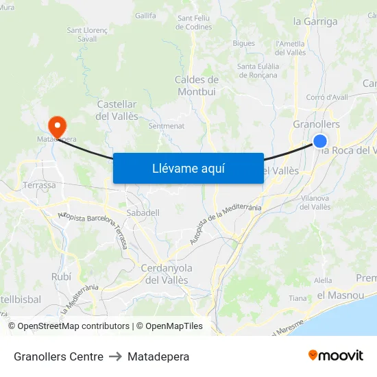 Granollers Centre to Matadepera map