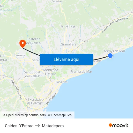 Caldes D’Estrac to Matadepera map