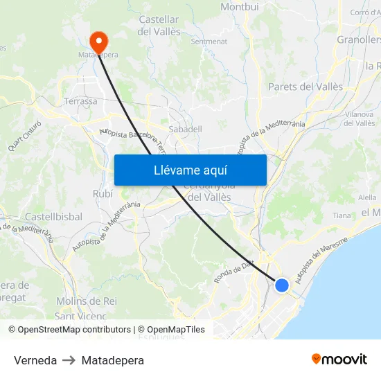 Verneda to Matadepera map