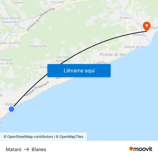 Mataró to Blanes map