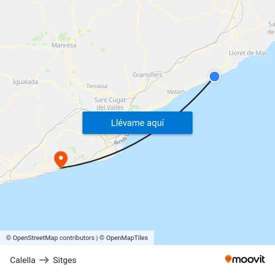 Calella to Sitges map