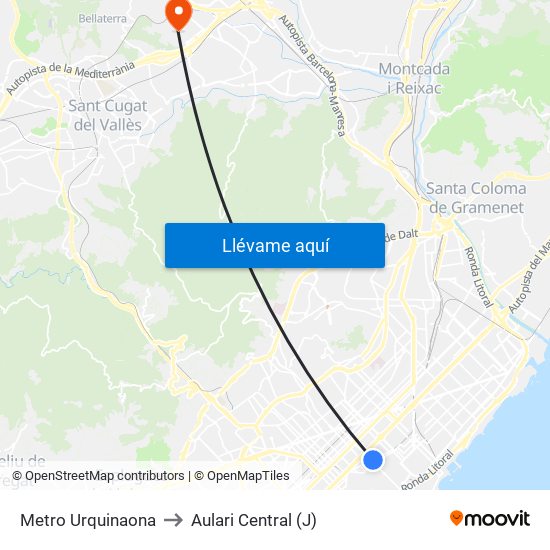 Metro Urquinaona to Aulari Central (J) map