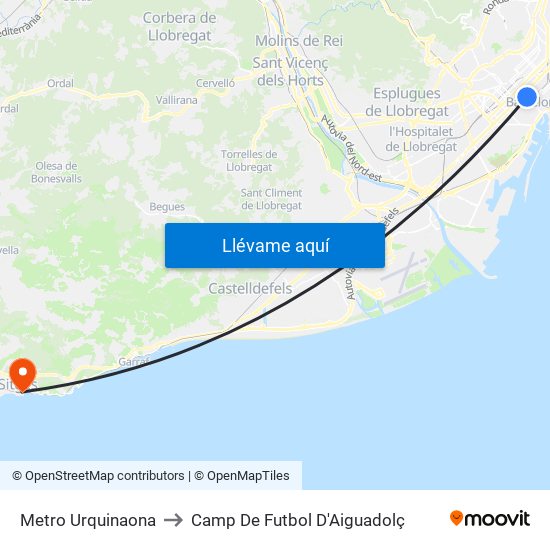 Metro Urquinaona to Camp De Futbol D'Aiguadolç map