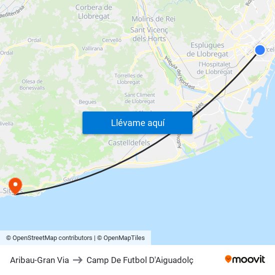 Aribau-Gran Via to Camp De Futbol D'Aiguadolç map