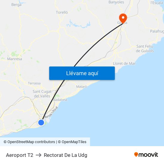 Aeroport T2 to Rectorat De La Udg map