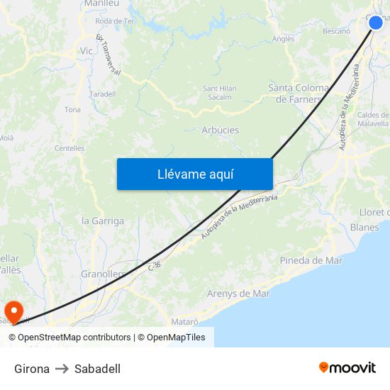 Girona to Sabadell map