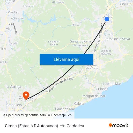 Girona (Estació D'Autobusos) to Cardedeu map