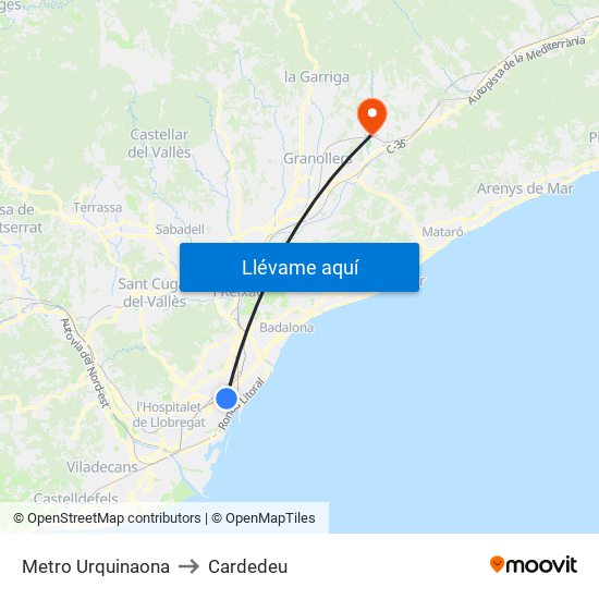 Metro Urquinaona to Cardedeu map