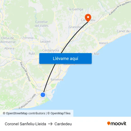 Coronel Sanfeliu-Lleida to Cardedeu map