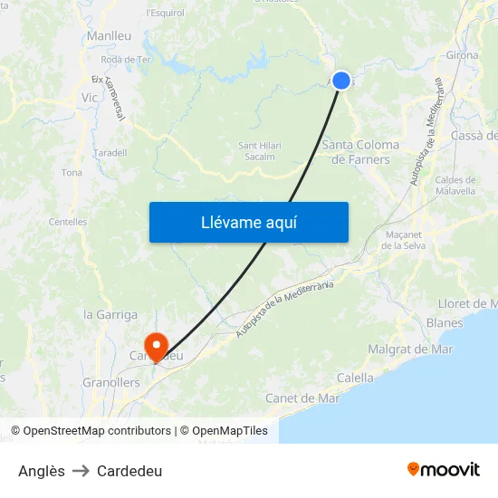Anglès to Cardedeu map