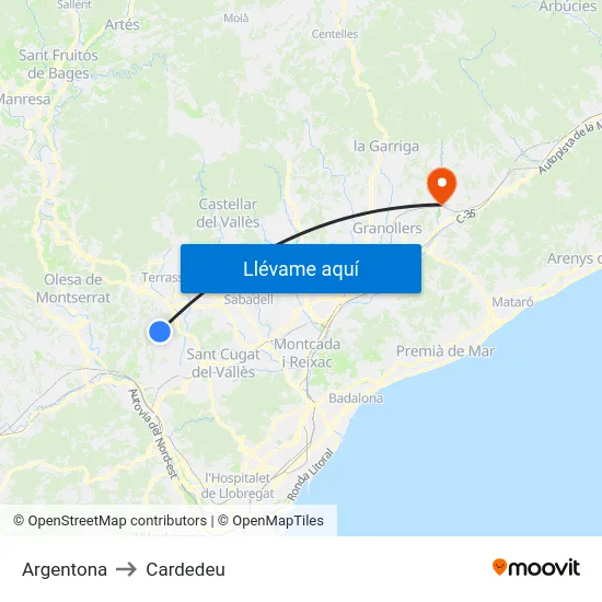 Argentona to Cardedeu map