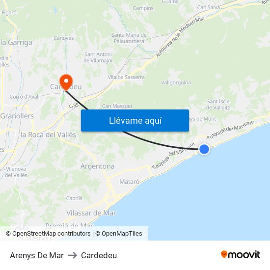 Arenys De Mar to Cardedeu map