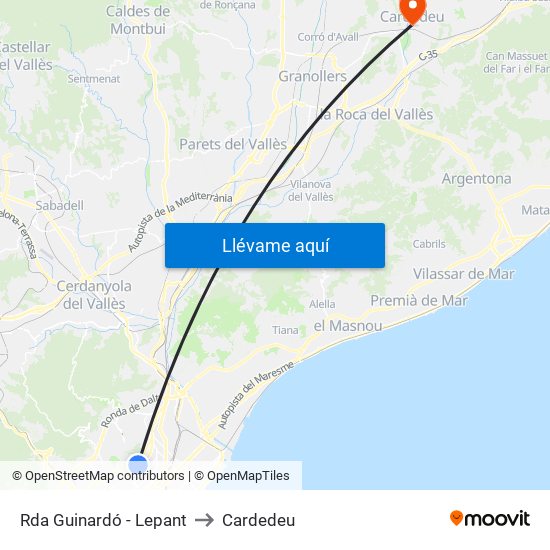 Rda Guinardó - Lepant to Cardedeu map