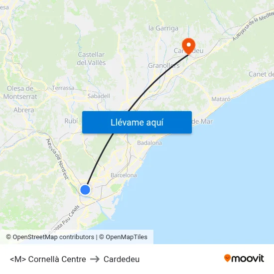 <M> Cornellà Centre to Cardedeu map