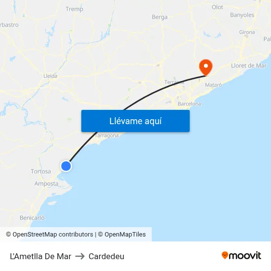 L'Ametlla De Mar to Cardedeu map