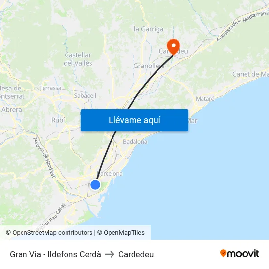 Gran Via - Ildefons Cerdà to Cardedeu map