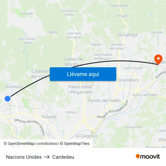 Nacions Unides to Cardedeu map