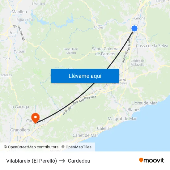 Vilablareix (El Perelló) to Cardedeu map
