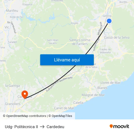 Udg- Politècnica II to Cardedeu map