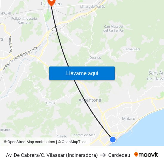 Av. De Cabrera/C. Vilassar (Incineradora) to Cardedeu map