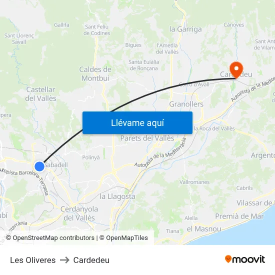 Les Oliveres to Cardedeu map