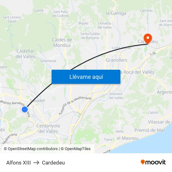 Alfons XIII to Cardedeu map