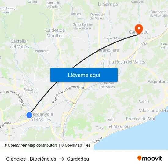 Ciències - Biociències to Cardedeu map