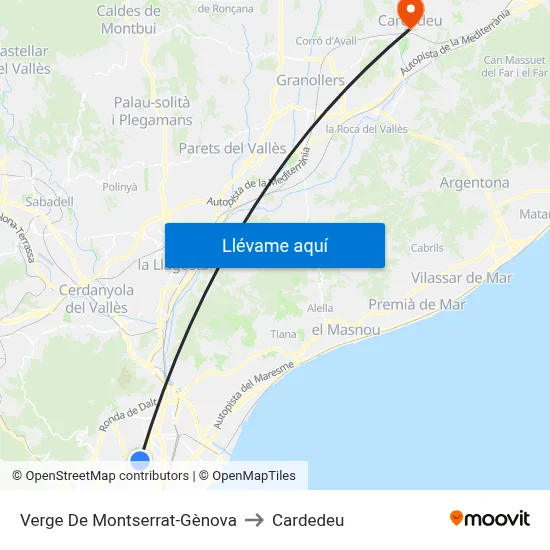 Verge De Montserrat-Gènova to Cardedeu map