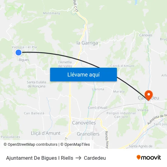Ajuntament De Bigues I Riells to Cardedeu map