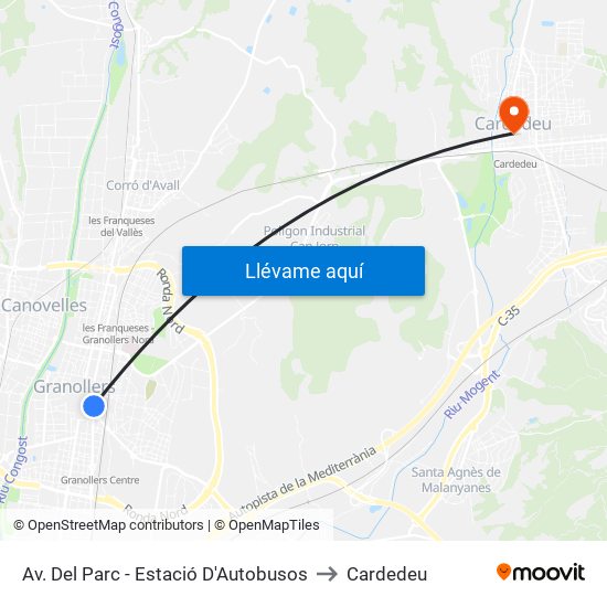 Av. Del Parc - Estació D'Autobusos to Cardedeu map