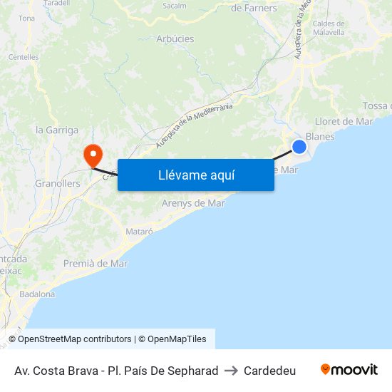 Av. Costa Brava - Pl. País De Sepharad to Cardedeu map