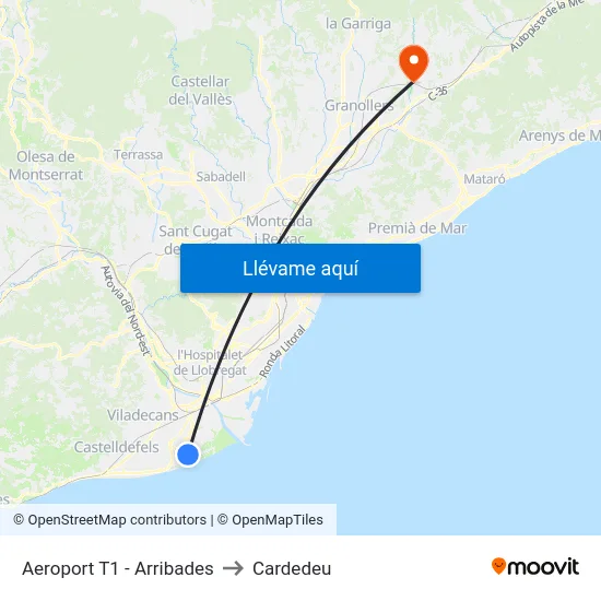 Aeroport T1 - Arribades to Cardedeu map