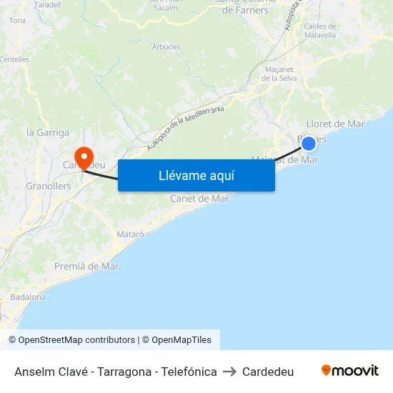 Anselm Clavé - Tarragona - Telefónica to Cardedeu map