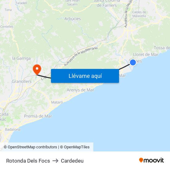 Rotonda Dels Focs to Cardedeu map