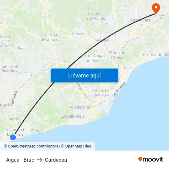 Aigua - Bruc to Cardedeu map