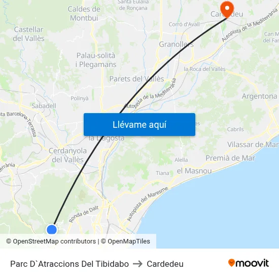Parc D`Atraccions Del Tibidabo to Cardedeu map