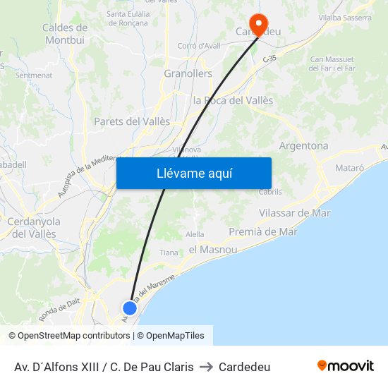 Av. D´Alfons XIII / C. De Pau Claris to Cardedeu map