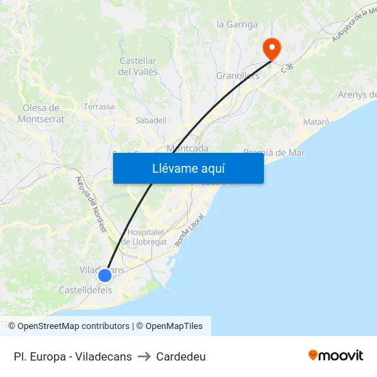 Pl. Europa - Viladecans to Cardedeu map